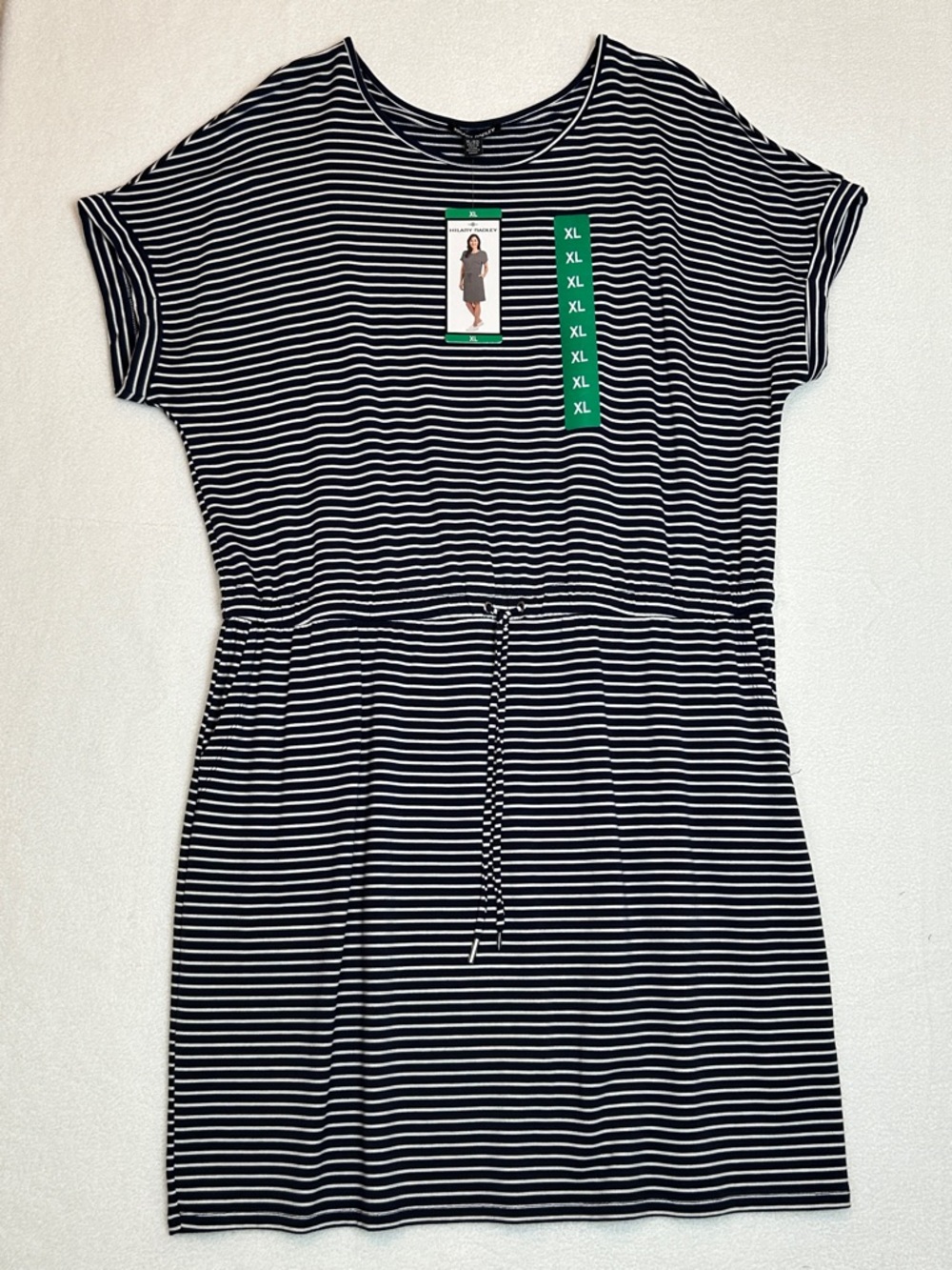 Hilary Radley Dress XL Navy White Stripe Drawstring Waist Pockets Casual